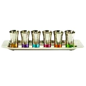 6 Small Kiddush Cups Tray hammer Work multicolor, Nickel And Anodized Aluminum